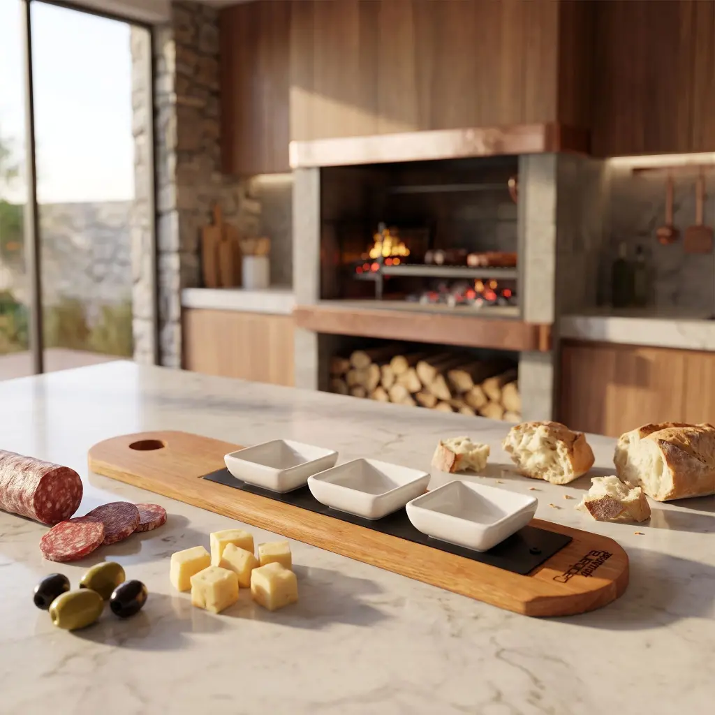 Tabla De Madera Baguette 50 cm Con 3 Cuencos Cuadrados