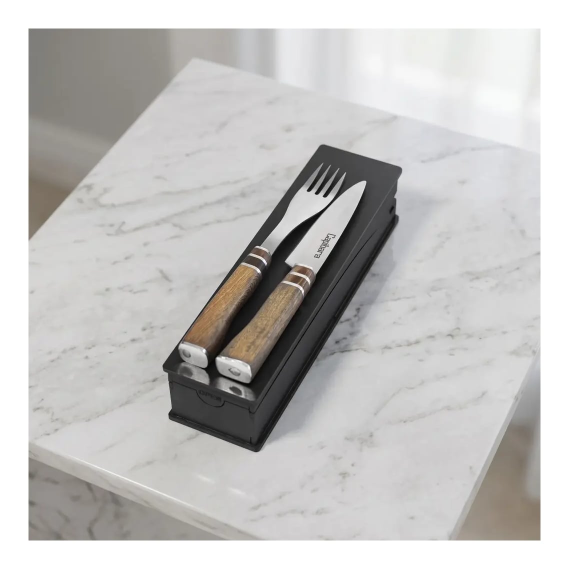 Juego De Cubiertos Premium 3 Anillos M 2 Piezas En Box De Madera