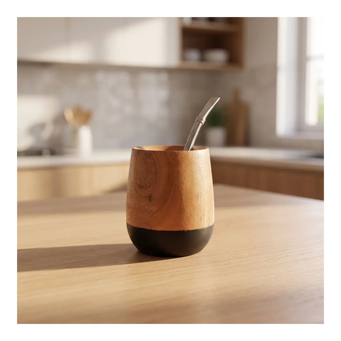 Mate De Madera Base Pintada Con Bombilla