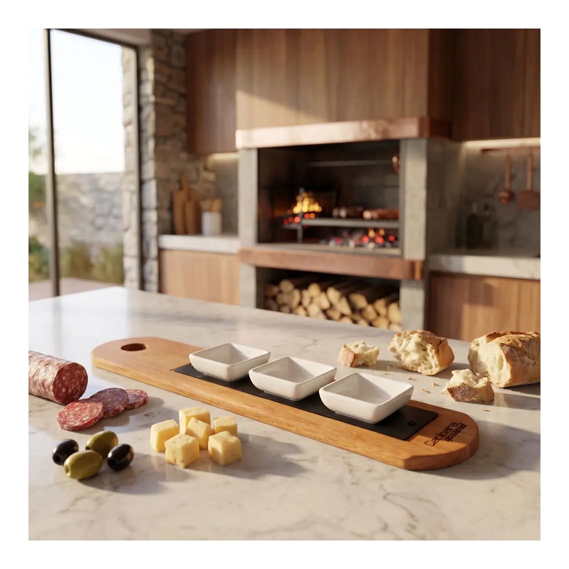 Tabla De Madera Baguette 50 cm Con 3 Cuencos Cuadrados