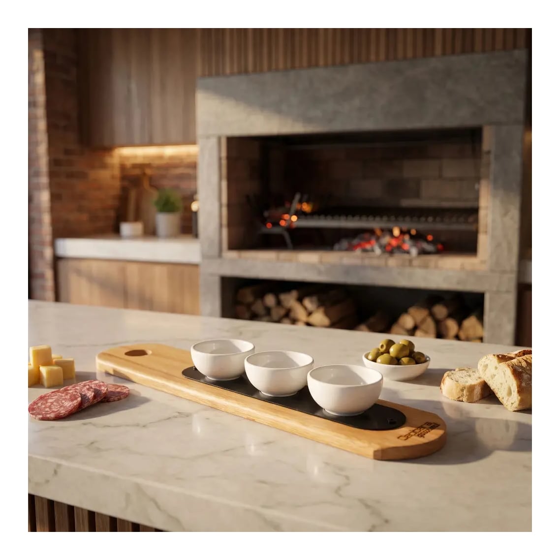 Tabla De Madera Baguette 50 cm Con 3 Cuencos Redondos