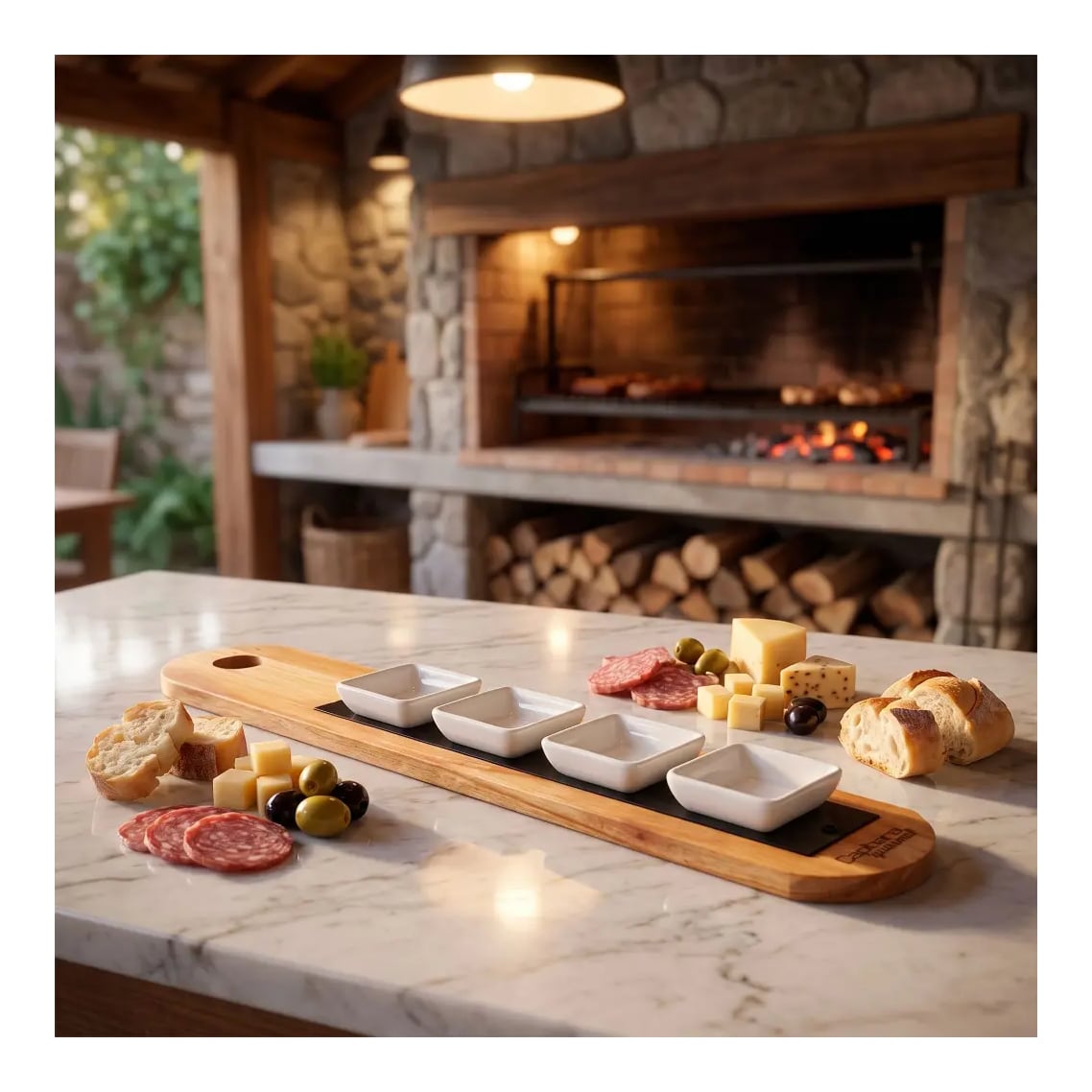 Tabla De Madera Baguette 60 cm Con 4 Cuencos Cuadrados
