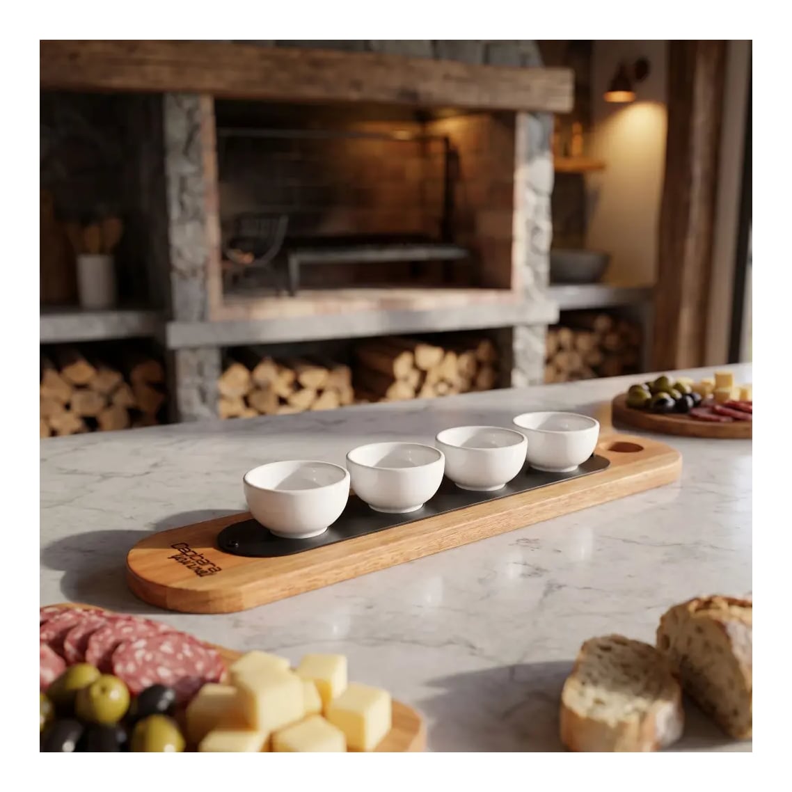Tabla De Madera Baguette 60 cm Con 4 Cuencos Redondos