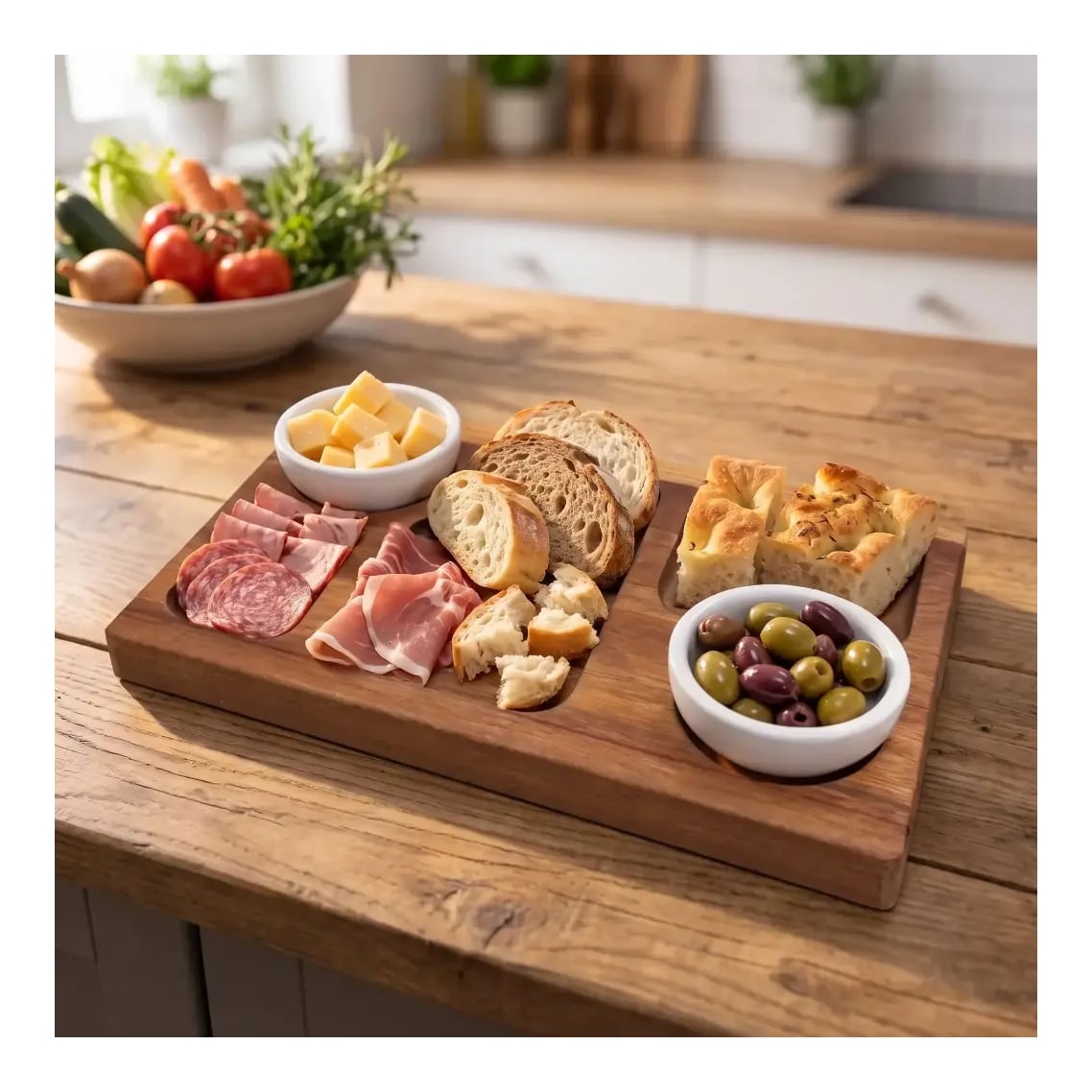 Tabla De Picada En Mini Block 30x20 cm Con Bowls De Cerámica